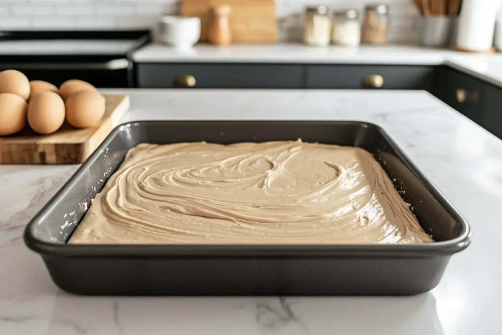 Smooth 1/4 sheet cake batter in a baking pan