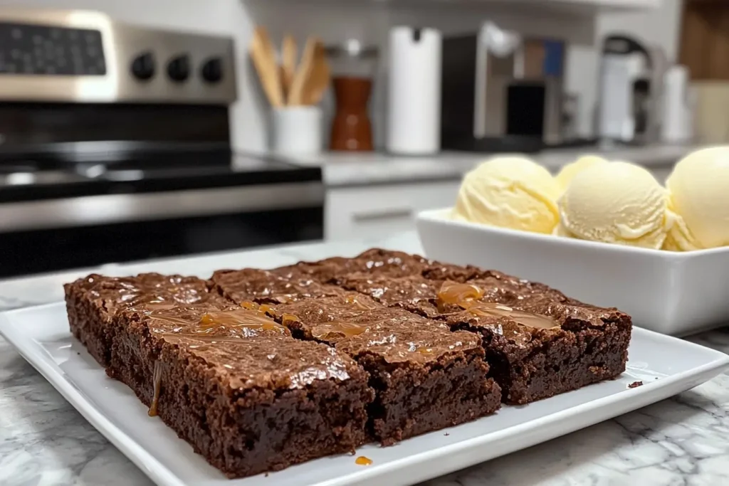 Vanilla Brownies ready to serve with vanilla ice cream and caramel