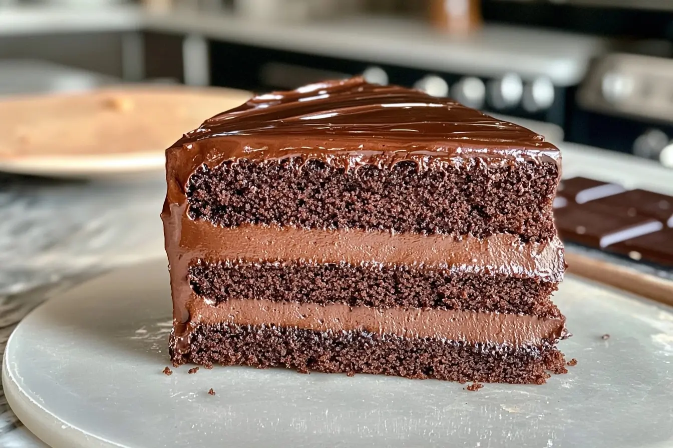 Moist chocolate cake slice with a glossy glaze, beautifully plated.