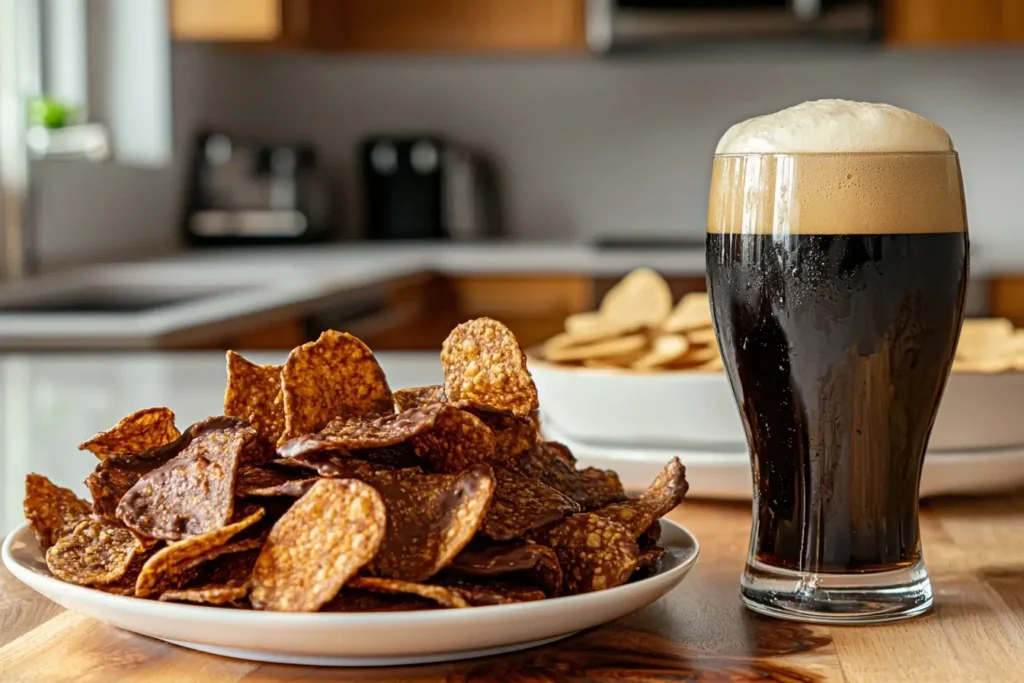 Chocolate Covered Chips served with stout beer.