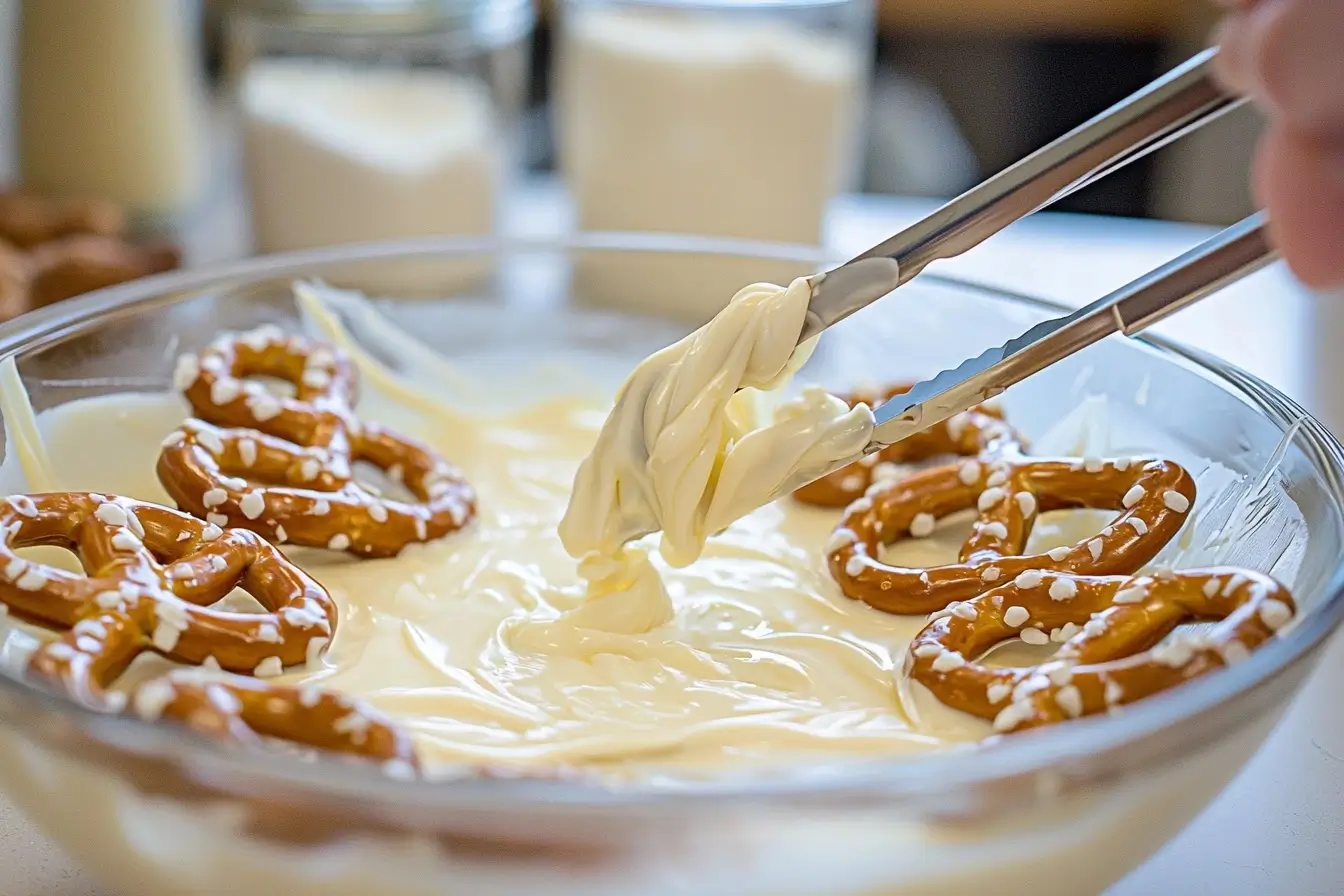 Process of dipping white chocolate pretzels for creamy sweetness.