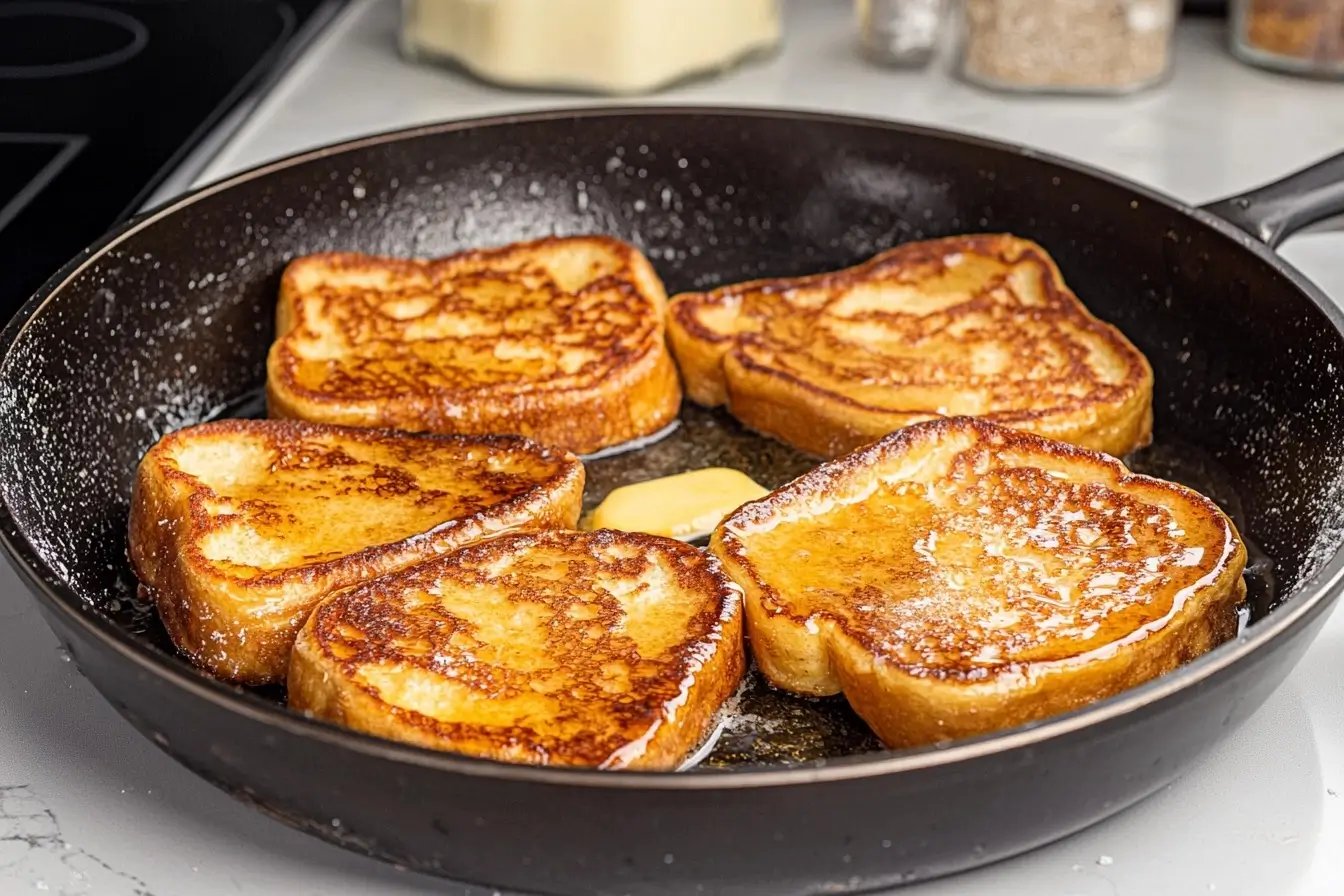  French toast pancakes sizzling in a skillet.