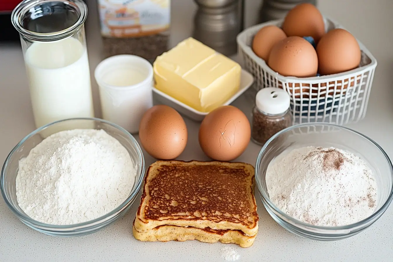 Ingredients needed to make fluffy French toast pancakes.