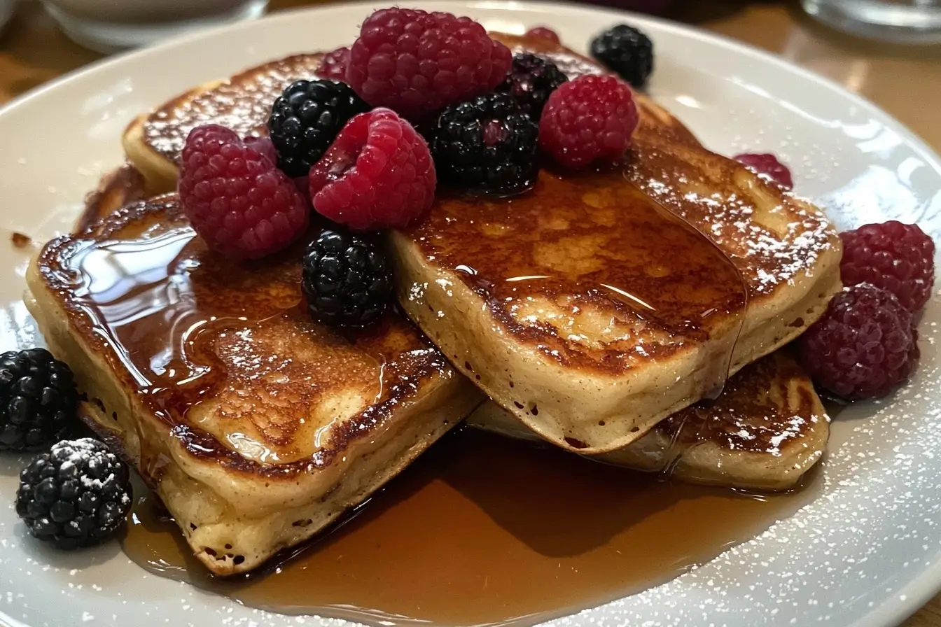 Perfectly served French toast pancakes with maple syrup and berries.