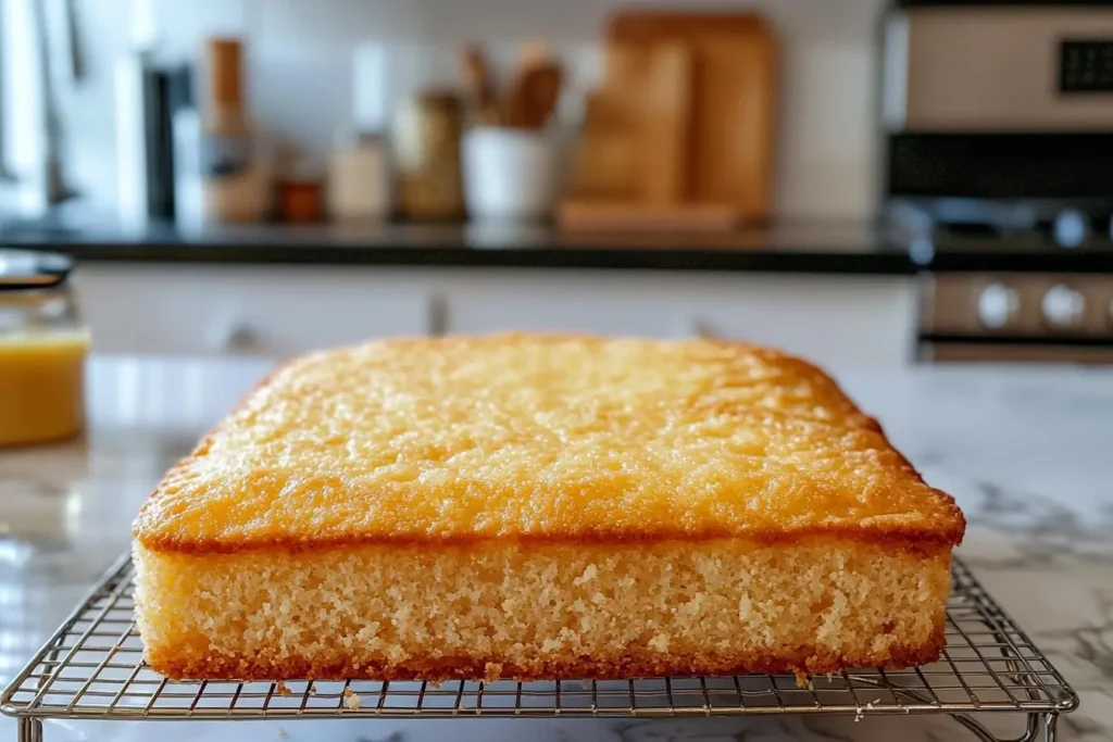 Freshly baked 1/4 sheet cake cooling on a rack