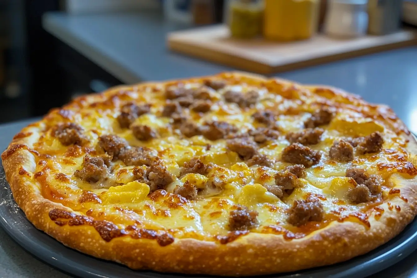 Delicious frozen breakfast pizza with crispy crust, eggs, and cheese