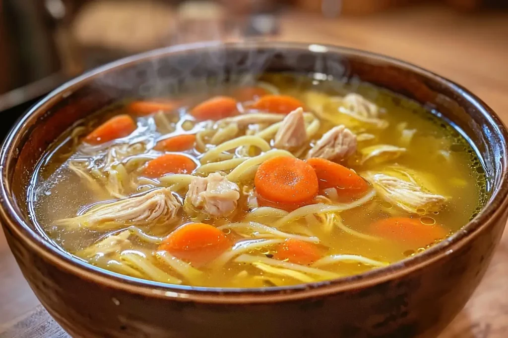 Grandma’s Chicken Soup in a warm, cozy kitchen, showcasing its rich broth and tender ingredients.