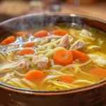 Grandma’s Chicken Soup in a warm, cozy kitchen, showcasing its rich broth and tender ingredients.