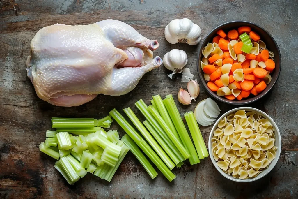 Fresh ingredients for Grandma’s Chicken Soup, including chicken, carrots, celery, and spices.