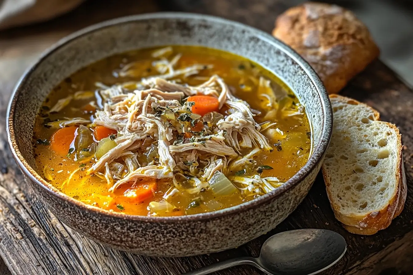 A bowl of Grandma’s Chicken Soup served with crusty bread for a comforting meal.