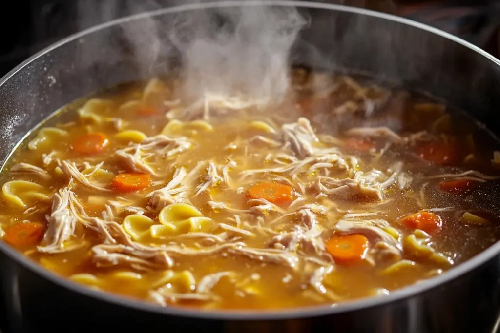 A pot of Grandma’s Chicken Soup simmering with tender chicken and noodles