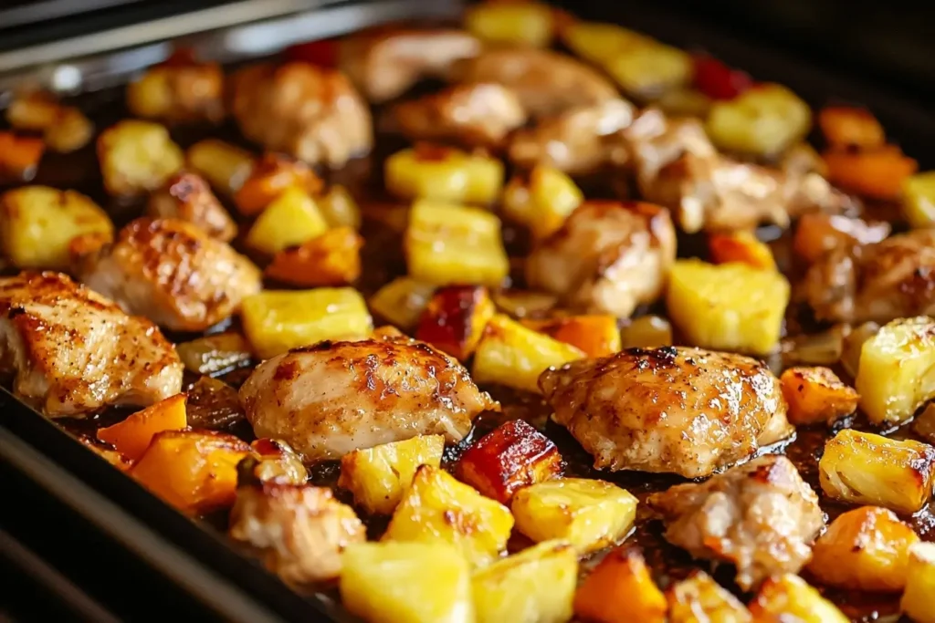 Hawaiian Chicken Sheet Pan baking in the oven with caramelizing pineapple and roasted vegetables.