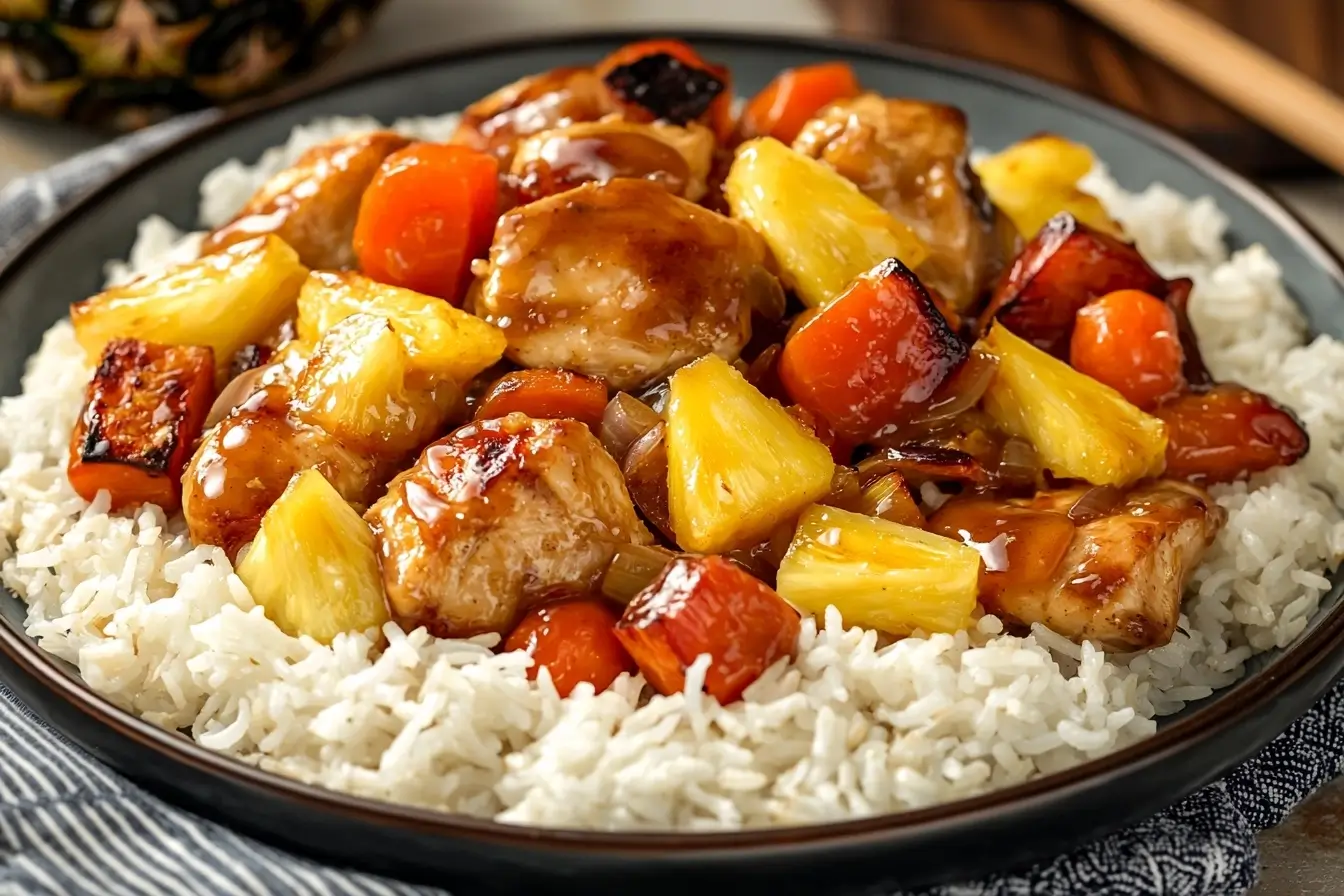 Plated Hawaiian Chicken Sheet Pan with jasmine rice and garnishes.