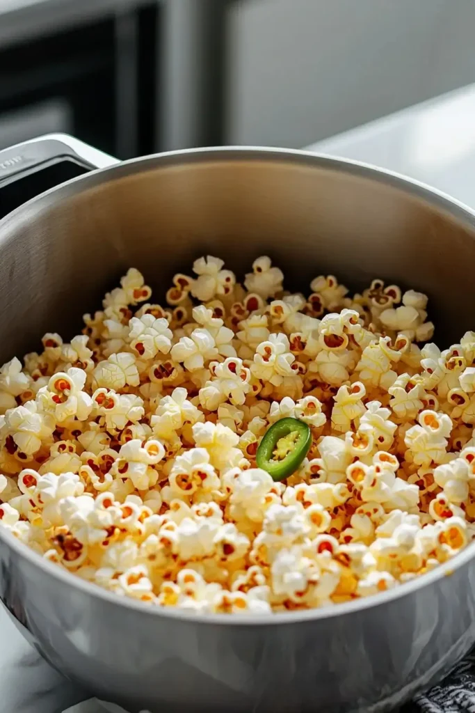 Jalapeño popcorn popping in a pot highlighting the process of making jalapeño popcorn