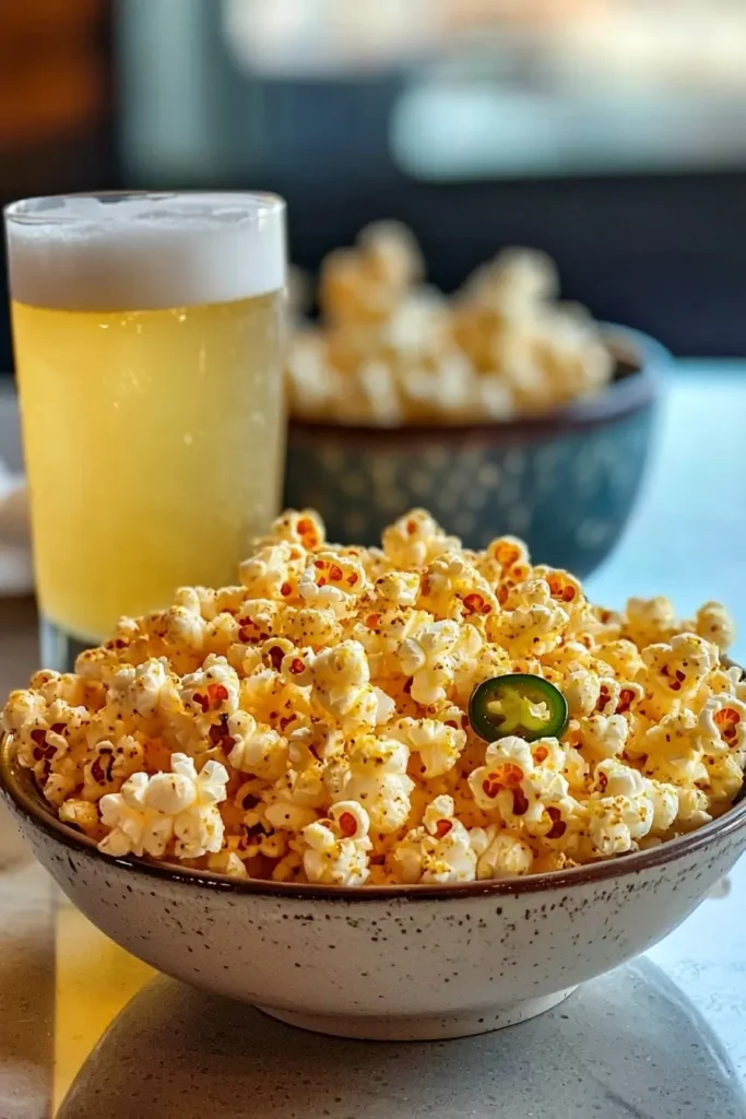 Jalapeño popcorn served with a cold drink for the perfect snack