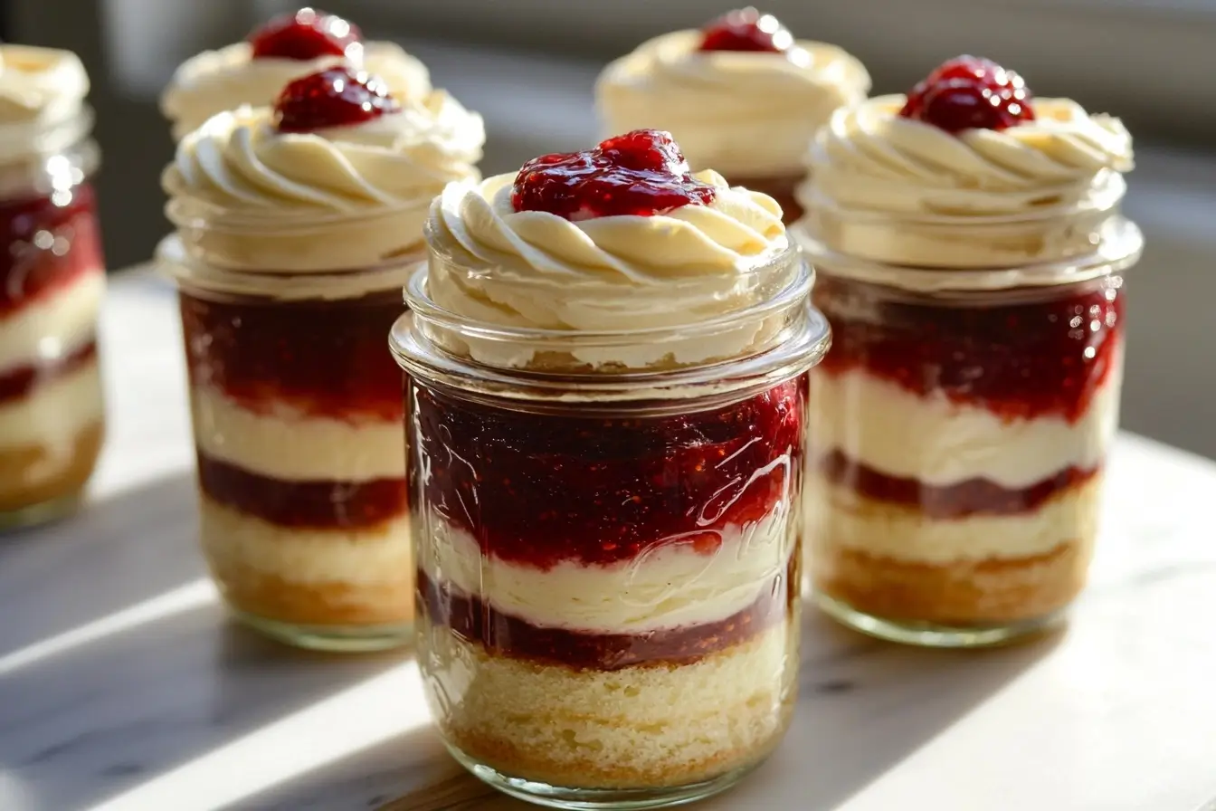 Vanilla cake jars layered with buttercream and jam – easy homemade dessert