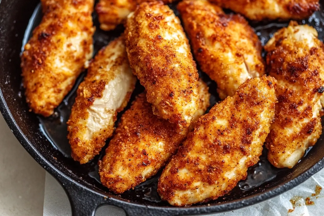 Crispy breaded chicken tenders frying in a cast-iron skillet – homemade fried chicken recipe