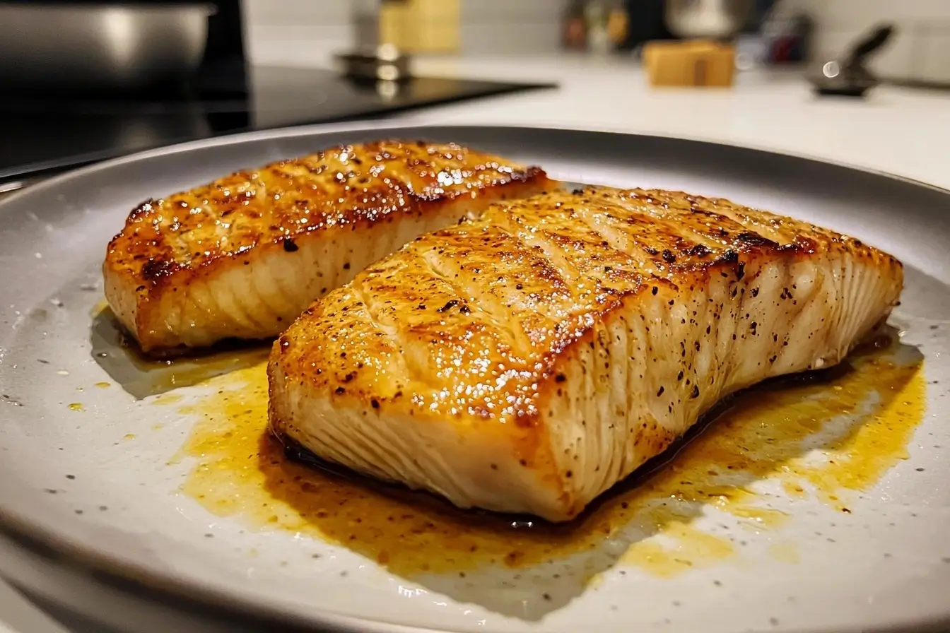 Close-up of a pan-seared shark steak recipe.