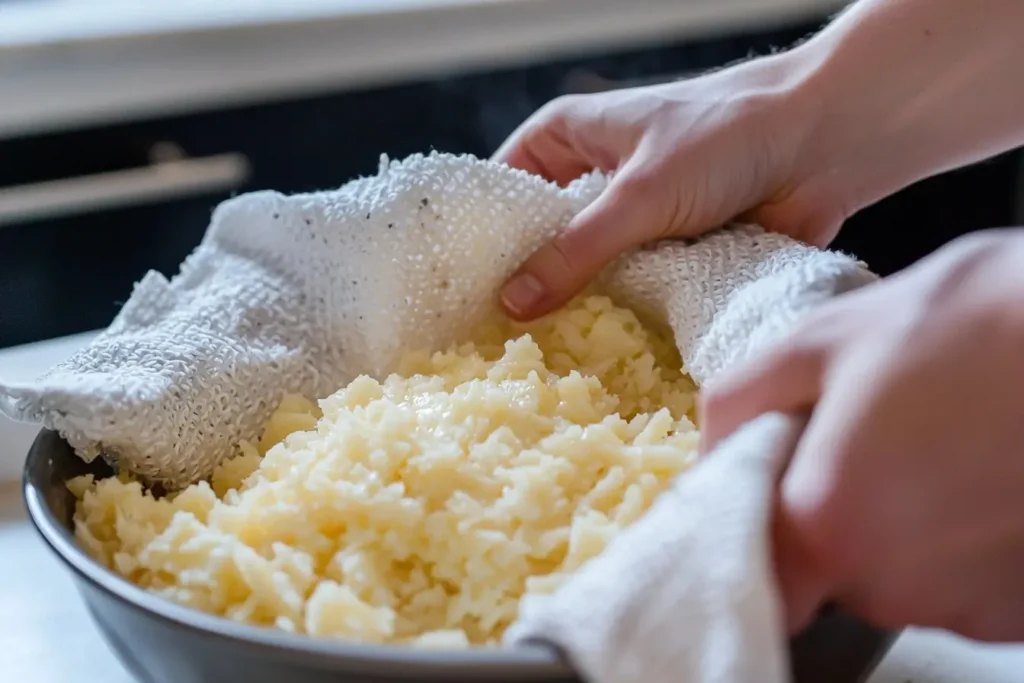 Preparing the grated potatoes for a Passover Potato Pie by squeezing out moisture.