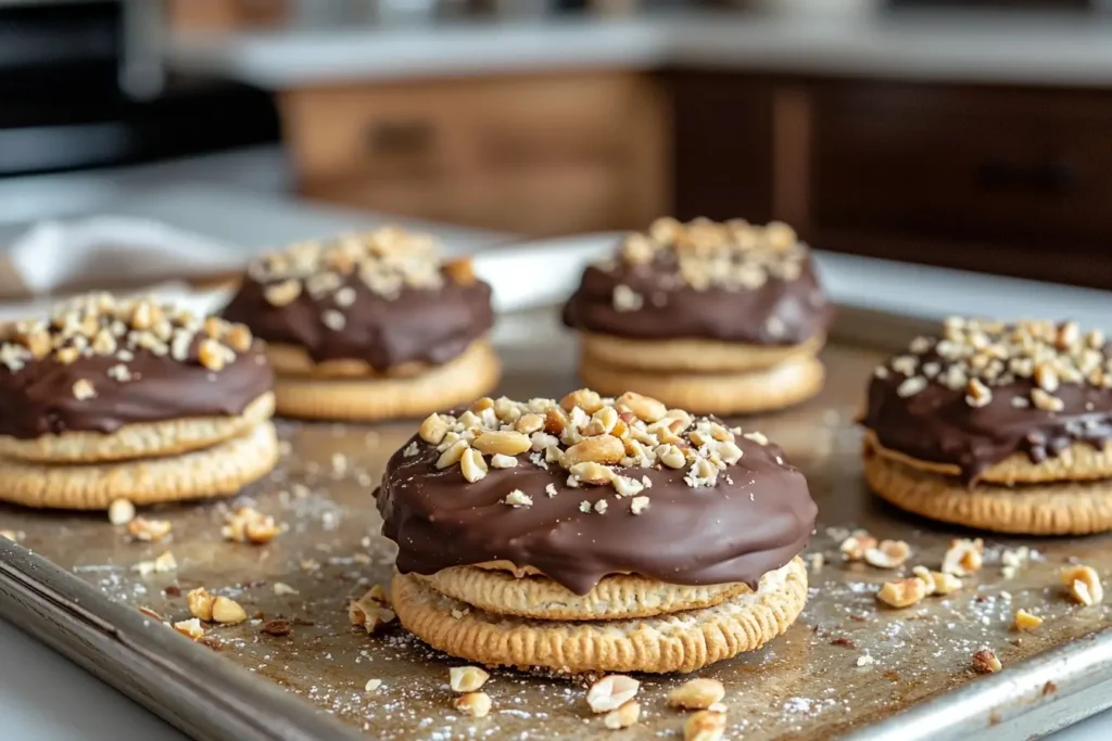 Chocolate-covered Ritz Cracker Cookies on a baking sheet