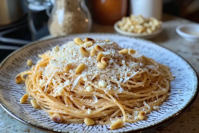 Plated sacchetti pasta with Parmesan and pine nuts in a cozy nook.