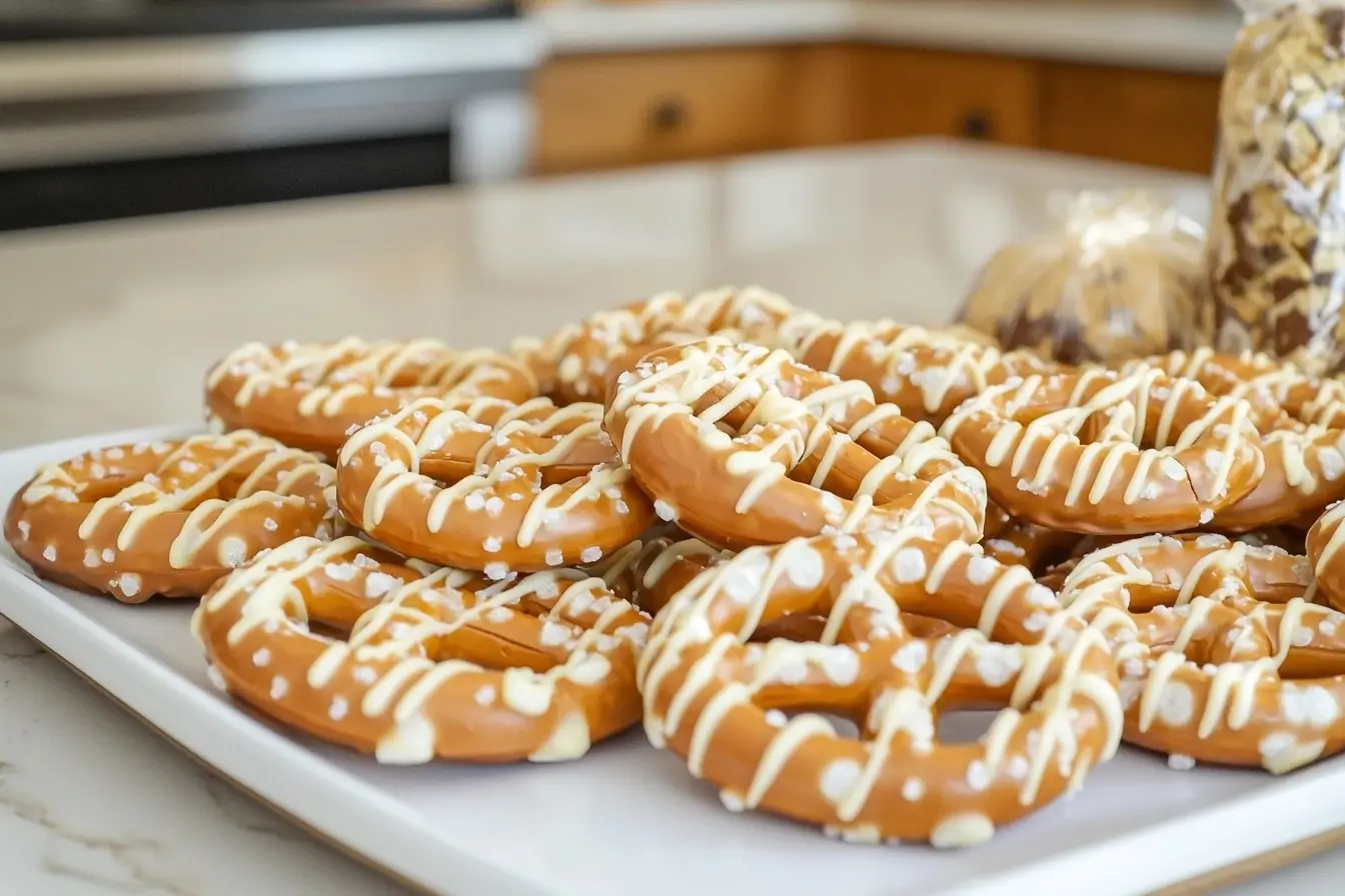 Elegant white chocolate pretzels serving ideas for parties and gifts.