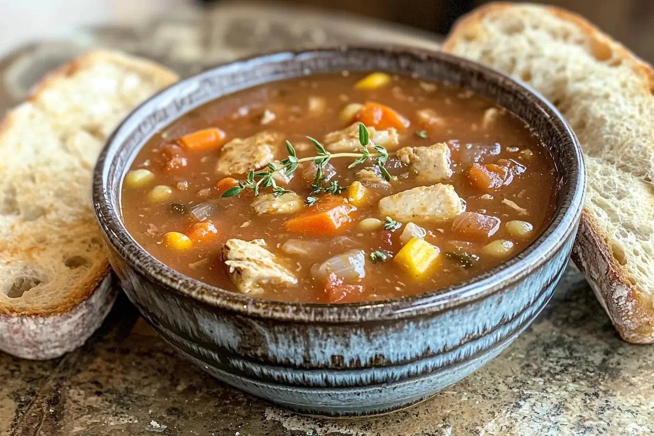 A beautifully plated bowl of Soup Village, served hot with a side of crusty bread.