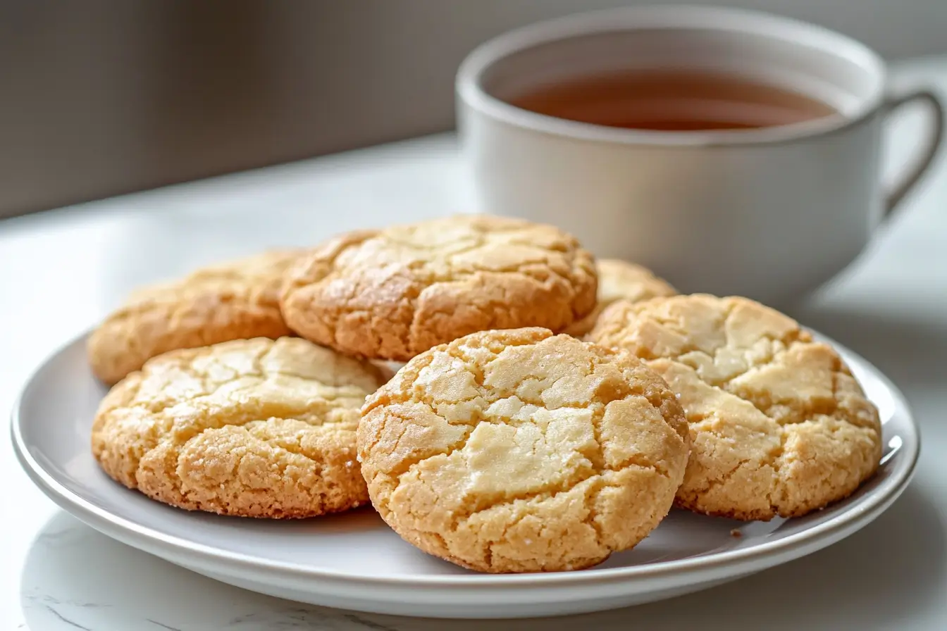 Southern tea cakes on a white plate with a cup of tea in the background – classic cake tea recipe