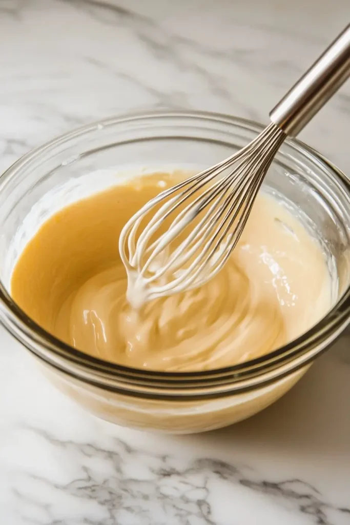 whisking instant pudding mix with milk in a clear glass bowl on marble countertop