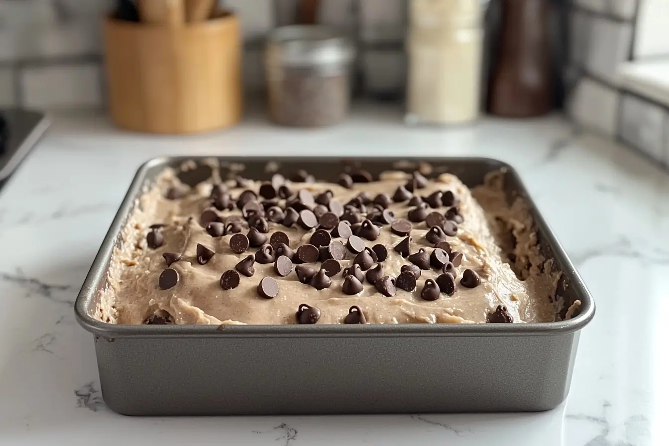 batter of vanilla brownies with chocolate chips ready to bake in the baking pan.