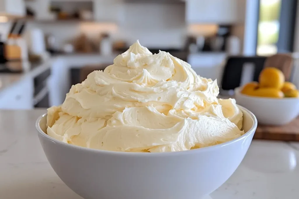 Fluffy vanilla buttercream frosting in a bowl