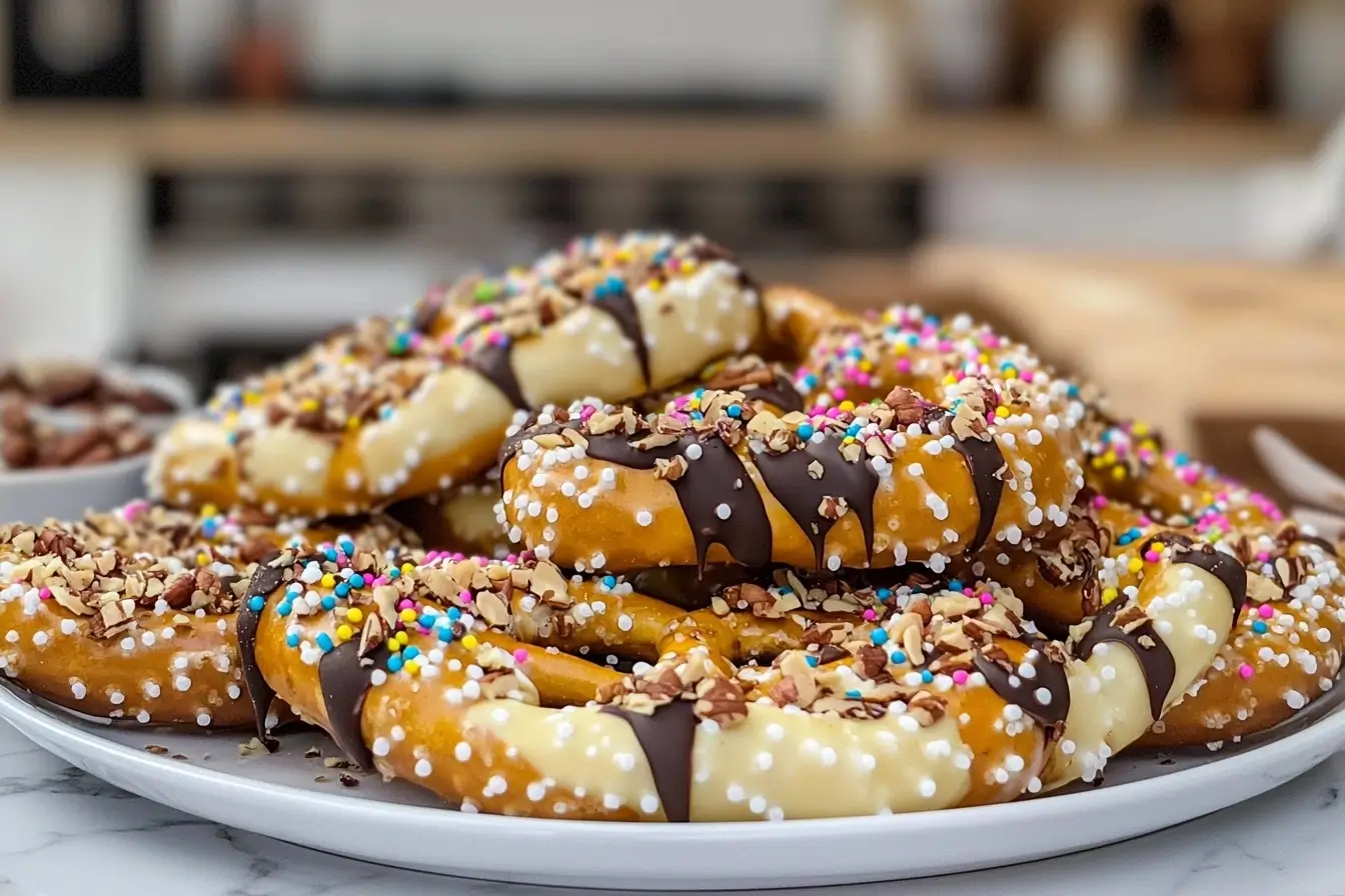 Assortment of gourmet white chocolate pretzels with sprinkles, nuts, and chocolate drizzle.