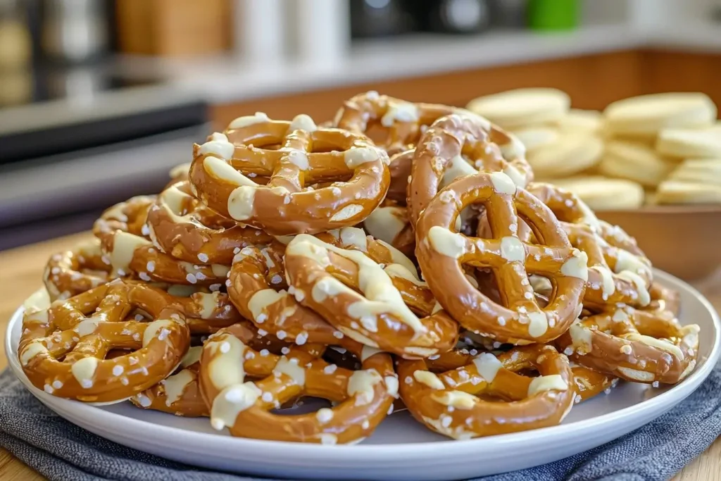 Close-up of irresistible white chocolate pretzels showcasing the creamy sweetness.