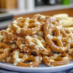 Close-up of irresistible white chocolate pretzels showcasing the creamy sweetness.