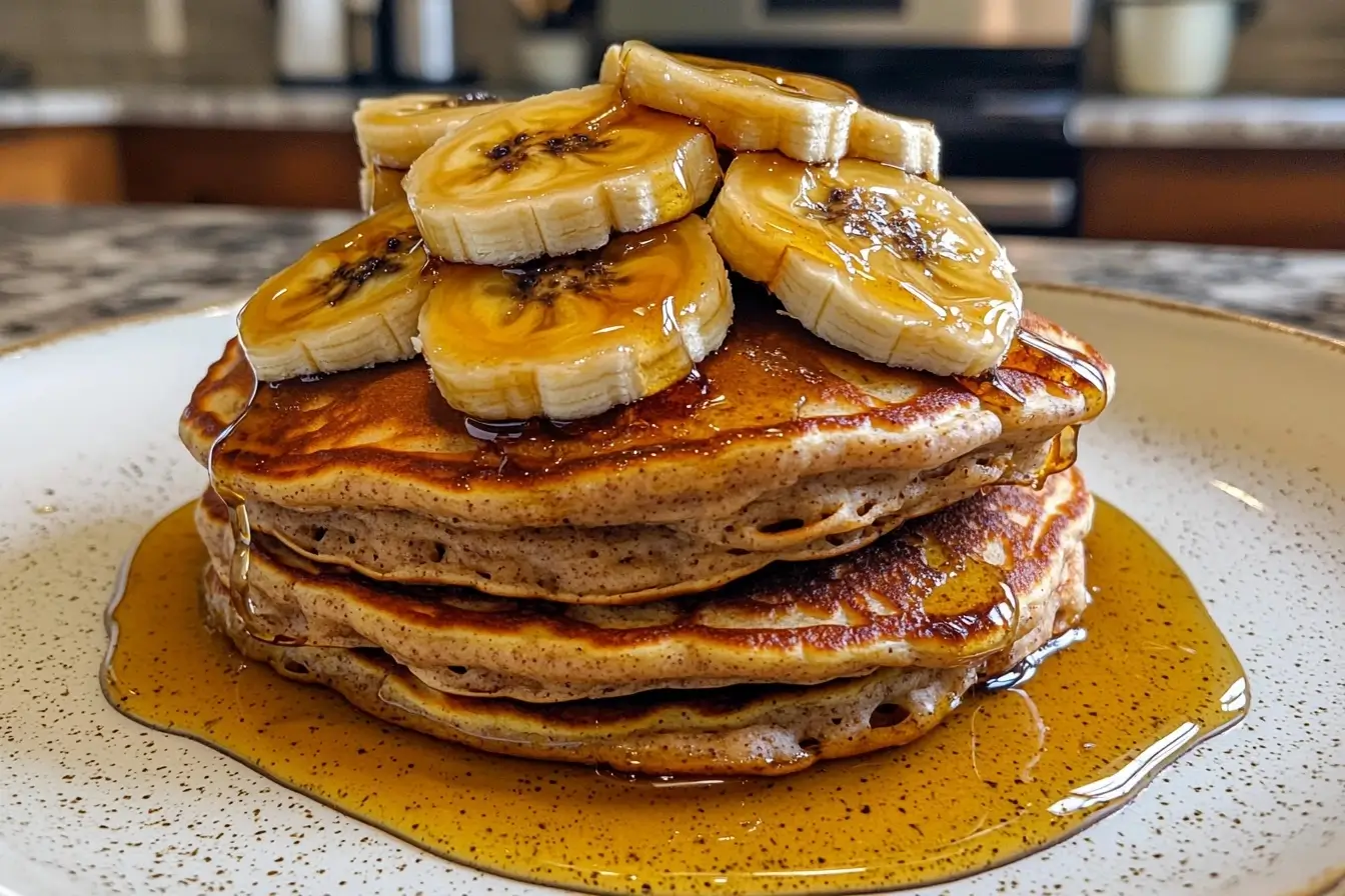 Whole grain banana pancakes topped with caramelized banana slices and honey.