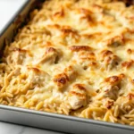 Freshly baked golden Chicken Orzo Bake
