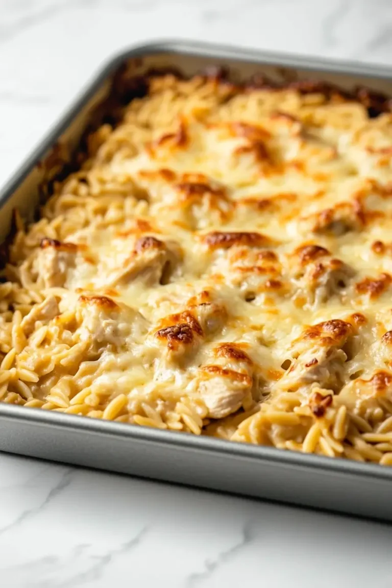 Freshly baked golden Chicken Orzo Bake