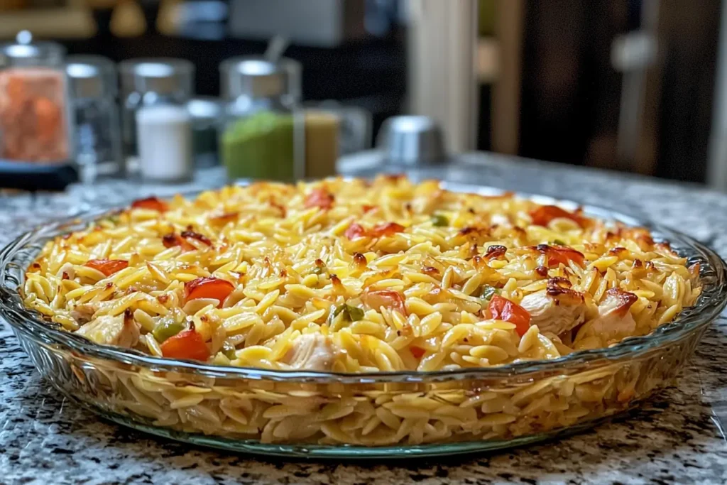 Chicken Orzo Bake recipe served hot and golden in a modern kitchen