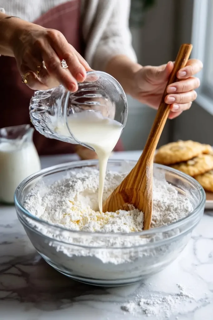Pouring wet ingredients into dry mix for funnel cake batter