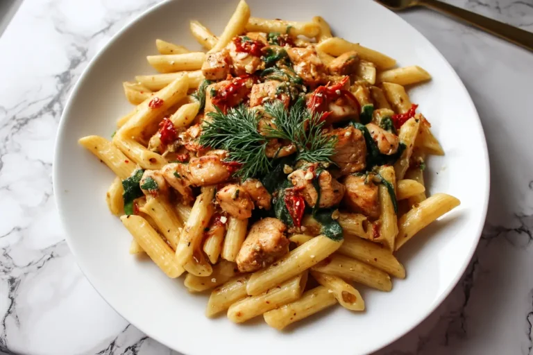Fasta Pasta plated on white marble countertop