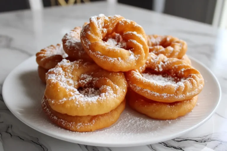 Funnel cake maker recipe with golden funnel cake on white plate