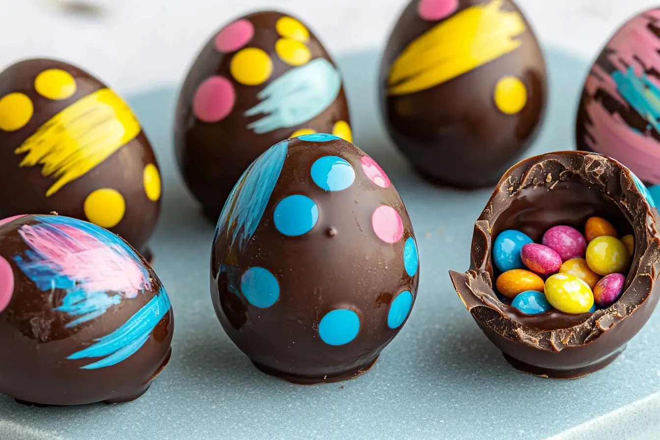 Homemade chocolate eggs recipe – dark chocolate eggs with colorful candy filling