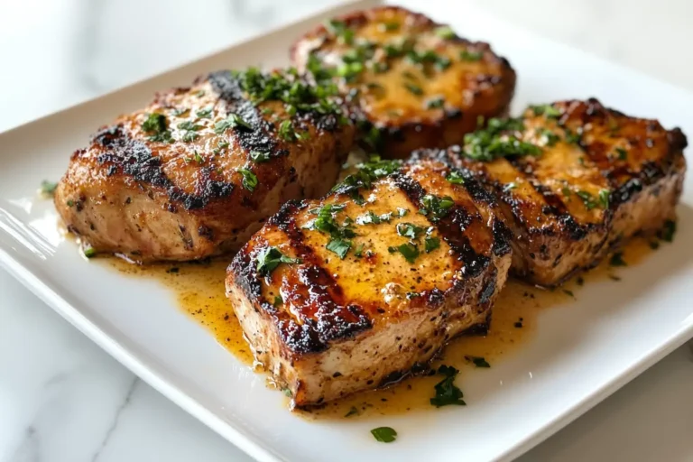 2-ingredient pork chops perfectly plated on a white plate