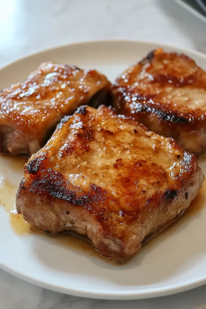2-ingredient pork chops golden and juicy on a white plate