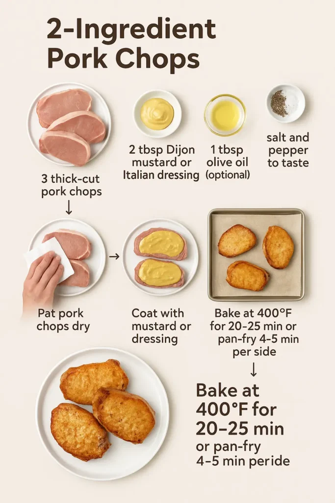 step-by-step infographic for 2-ingredient pork chops with mustard or dressing