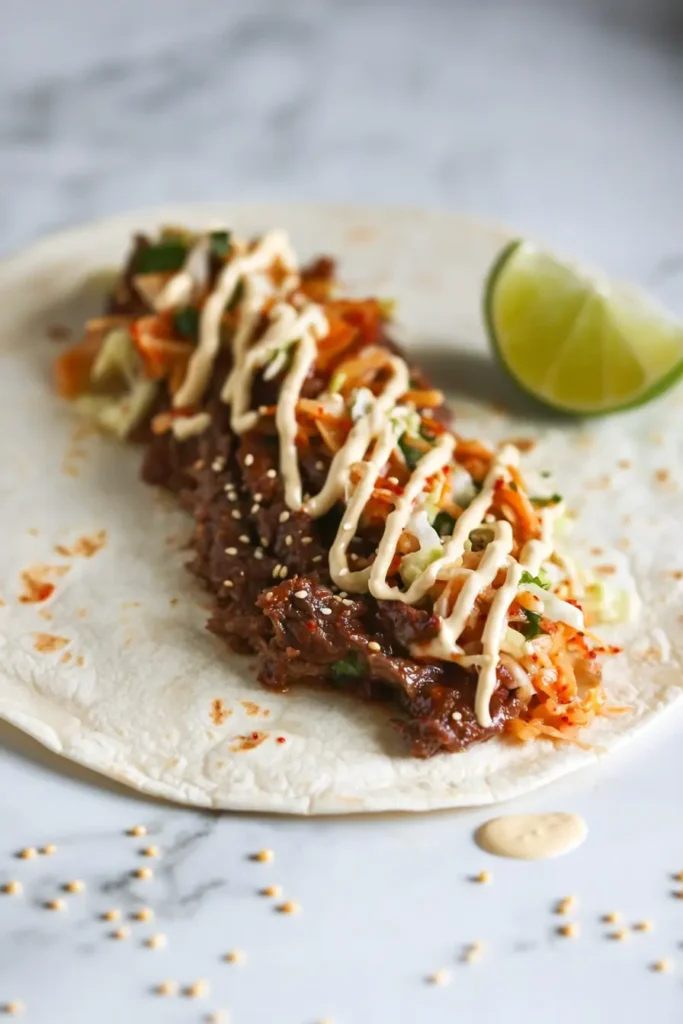 Assembling Korean BBQ tacos with beef and slaw