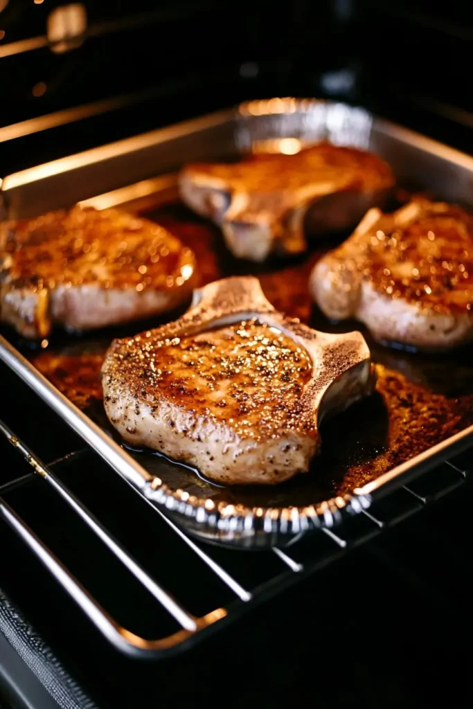 pork chops baking in oven caramelizing in metal tray