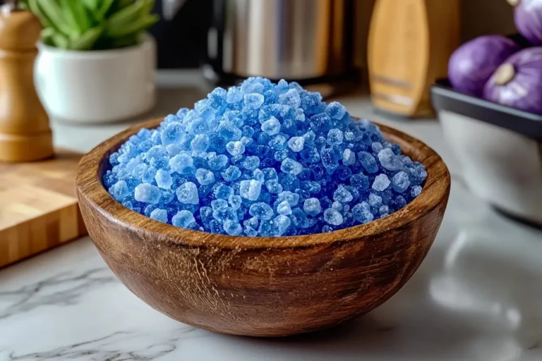 Rustic bowl of blue salt crystals demonstrating the blue salt trick for energy cleansing