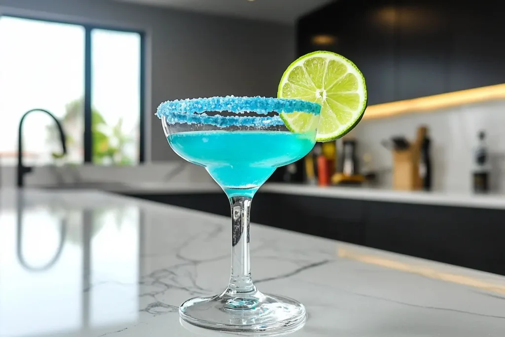 Margarita glass rimmed with blue salt illustrating the blue salt trick for cocktail flair