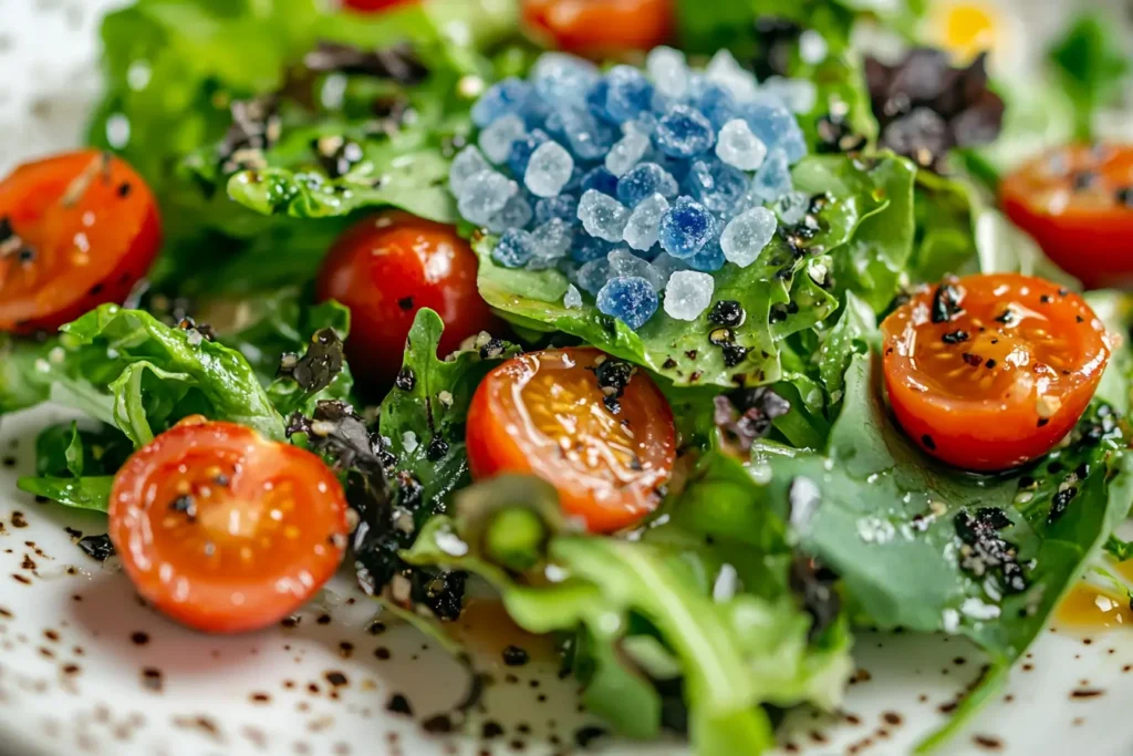 Gourmet salad sprinkled with blue salt crystals highlighting the blue salt trick as a culinary garnish